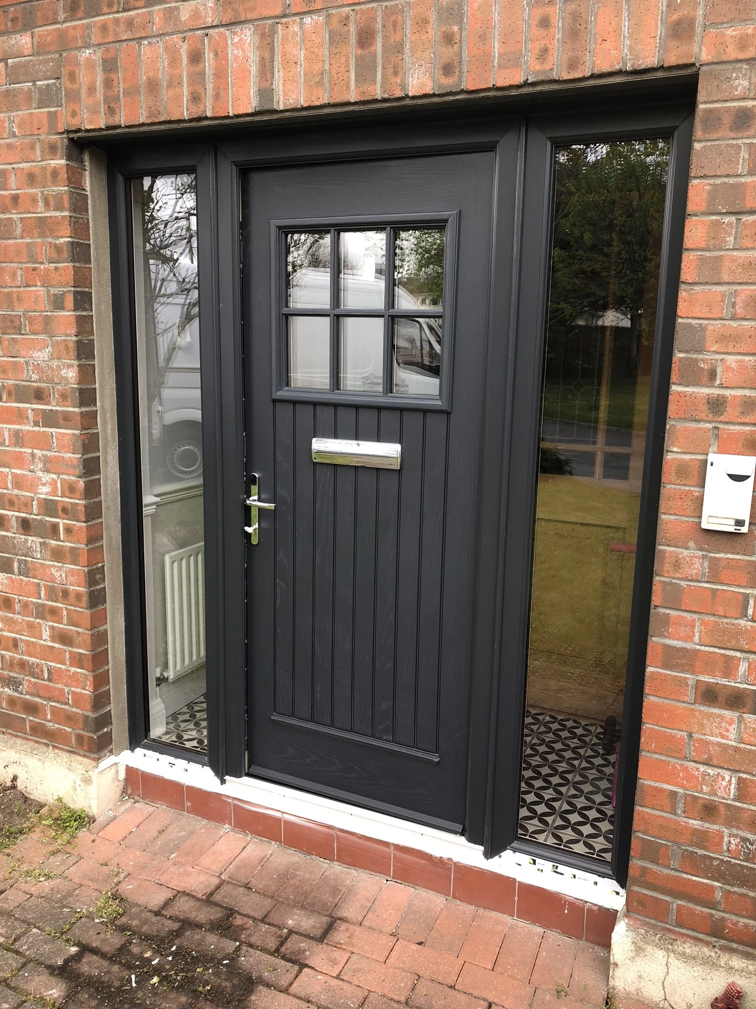 Anthracite composite door with frosted glass panel